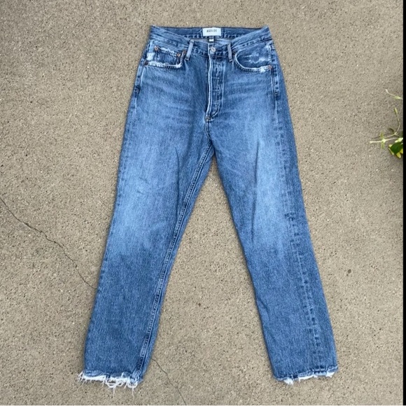 Agolde Denim - Agolde Los Angeles Riley Crop Straight Distressed Light Blue Denim Jeans